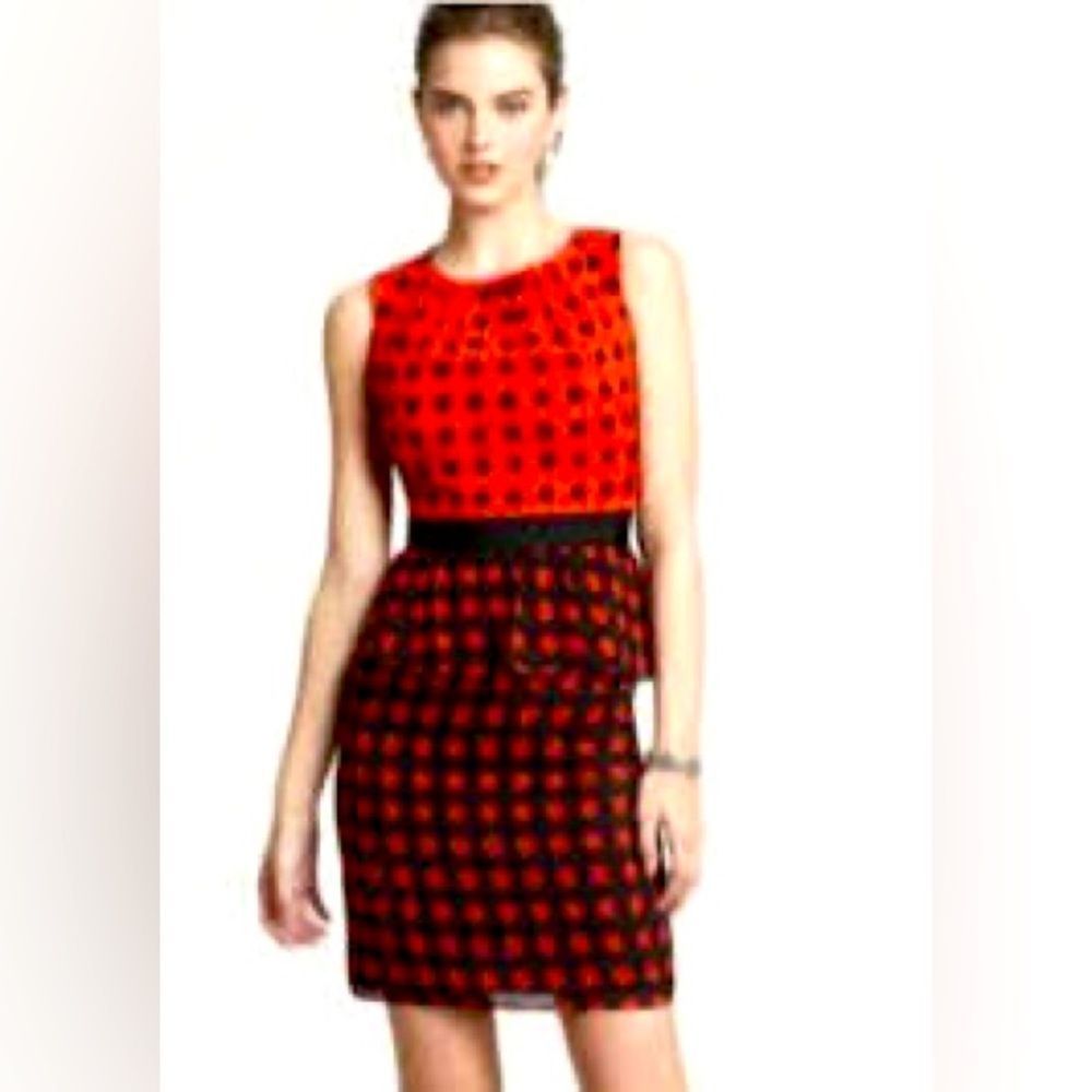 TRINA TURK 100% SILK BLACK RED POLKA DOT SILK PEPLUM SHEATH DRESS SIZE 4